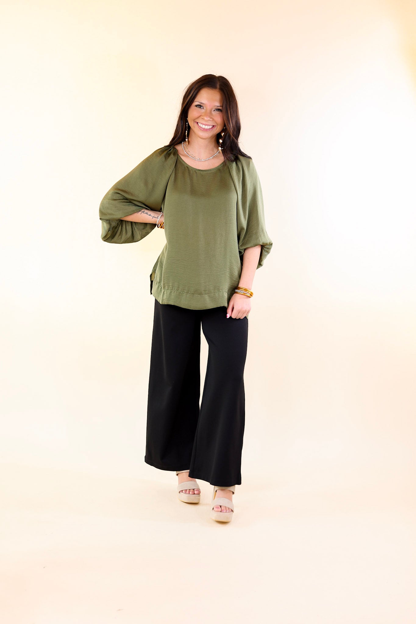 Flash A Smile Half Balloon Sleeve Satin Blouse in Olive Green