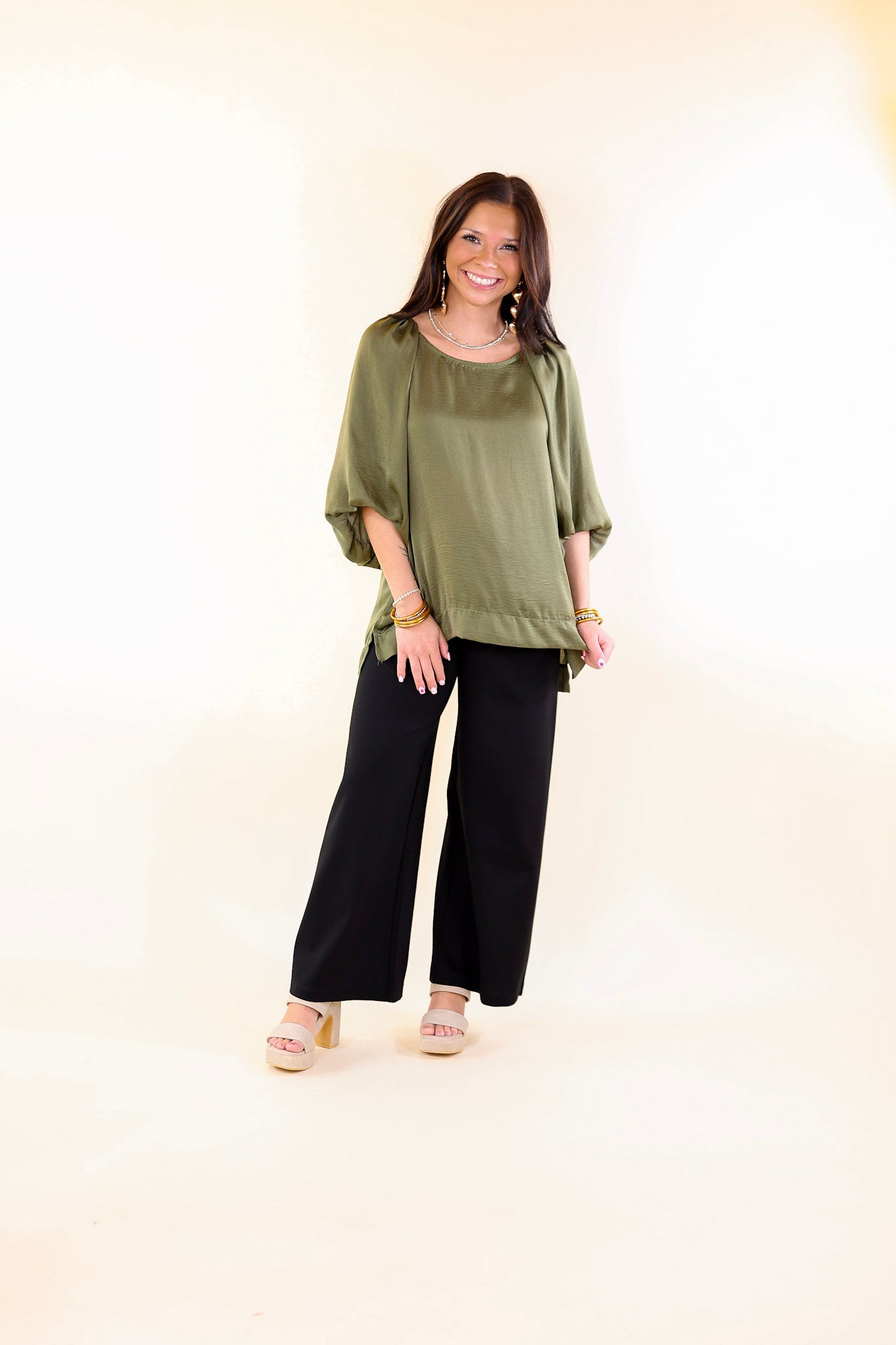 Flash A Smile Half Balloon Sleeve Satin Blouse in Olive Green