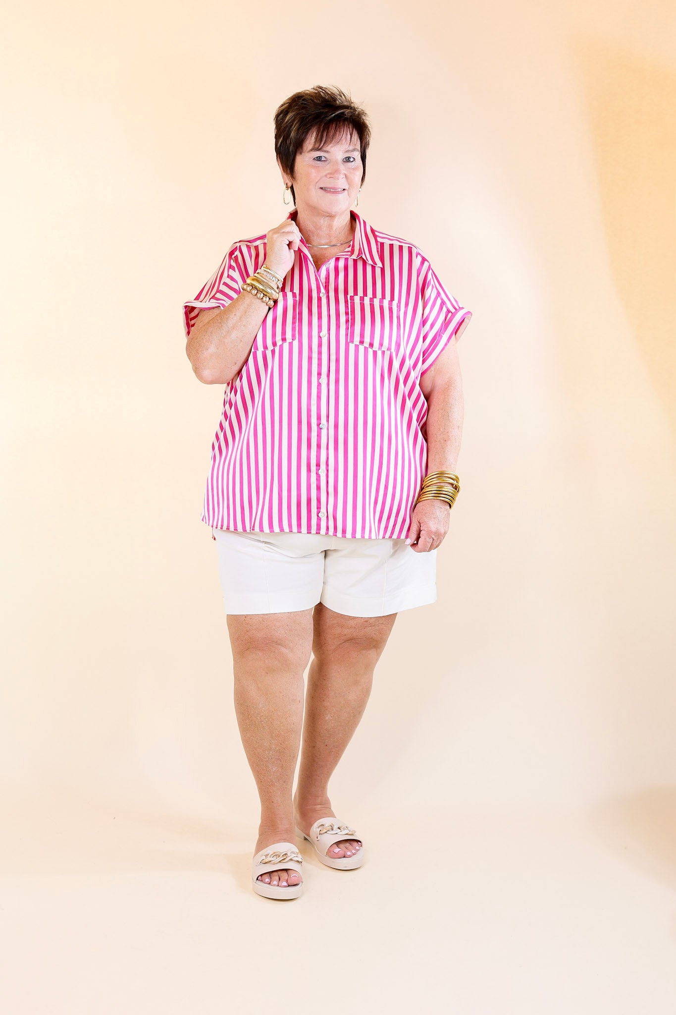 Free To Be Fab Button Up Short Sleeve Striped Top in Pink