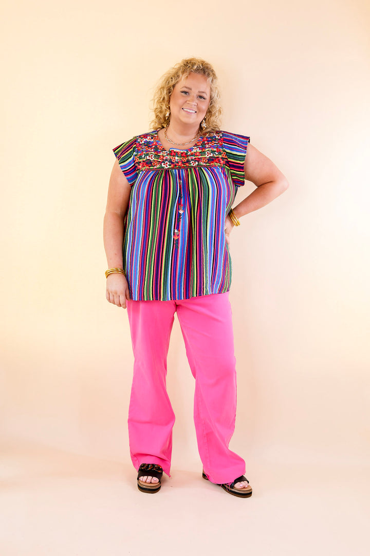 Lajitas Lady Striped Babydoll Top with Floral Embroidery in Green Mix - Giddy Up Glamour Boutique