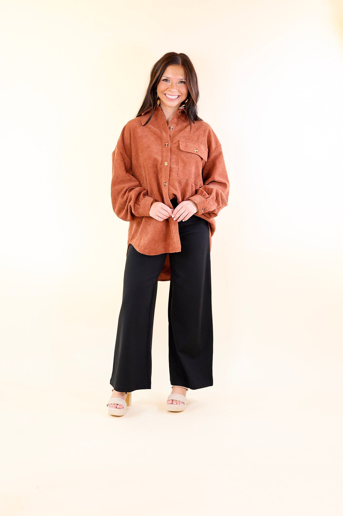 All Dolled Up Button Up Corduroy Shacket in Rust Brown