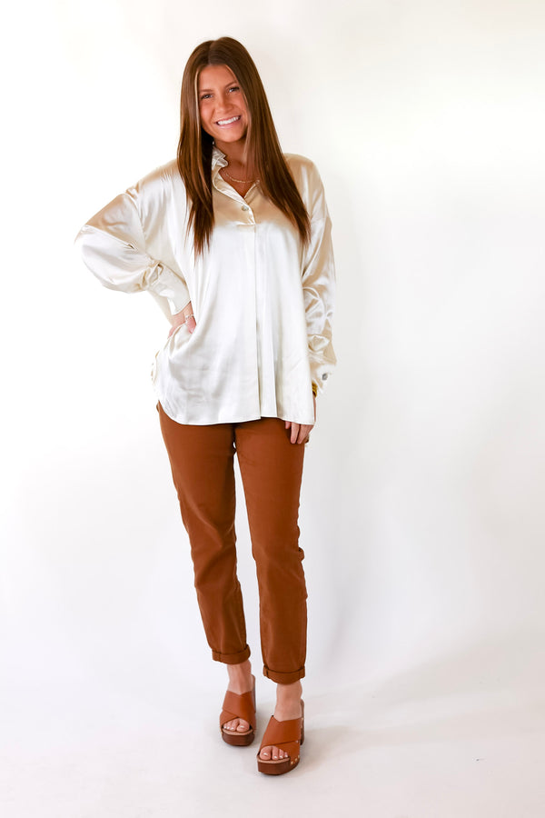 Start The Show Satin Long Sleeve Collared Top in Ivory