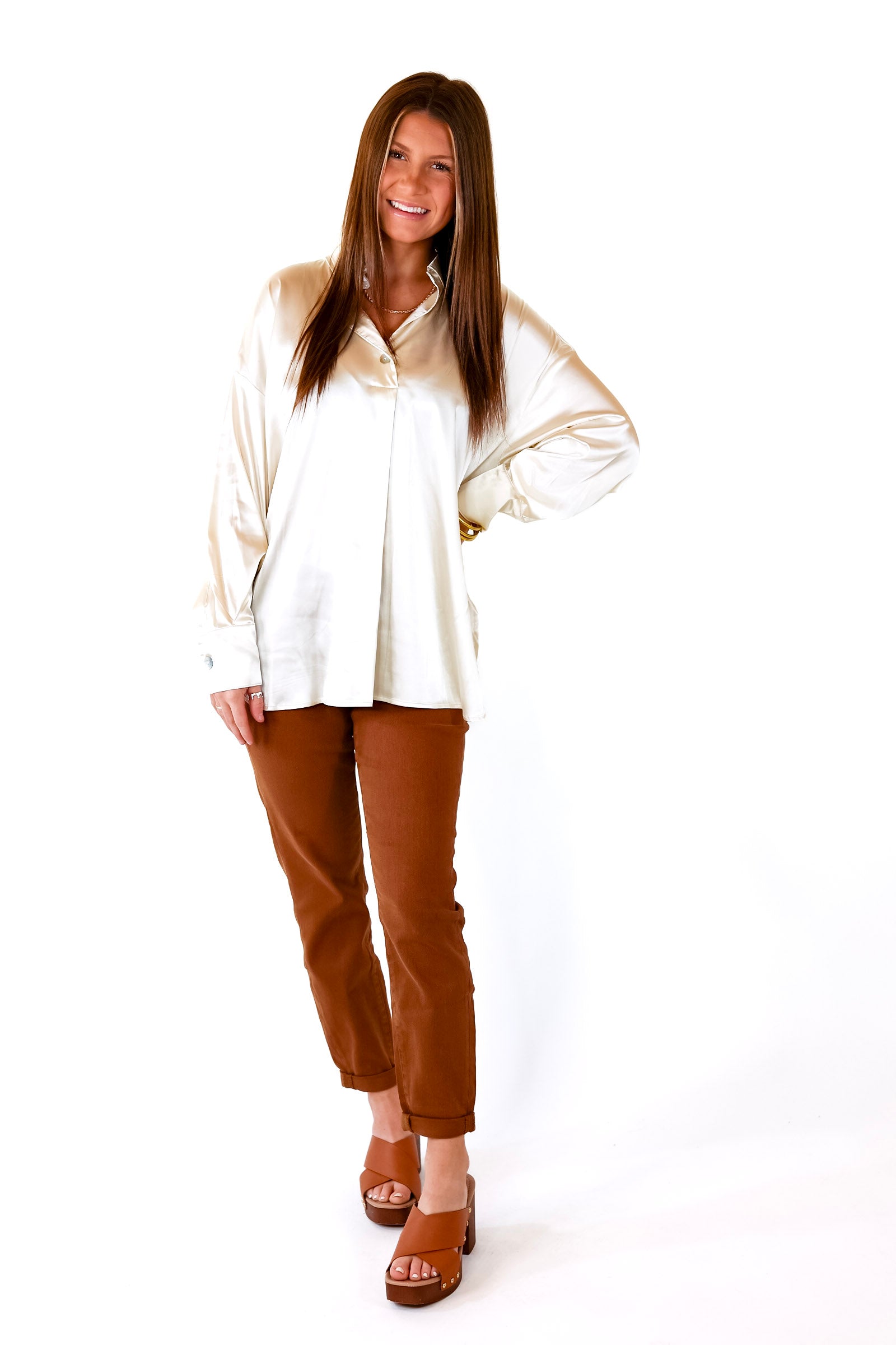 Start The Show Satin Long Sleeve Collared Top in Ivory - Giddy Up Glamour Boutique