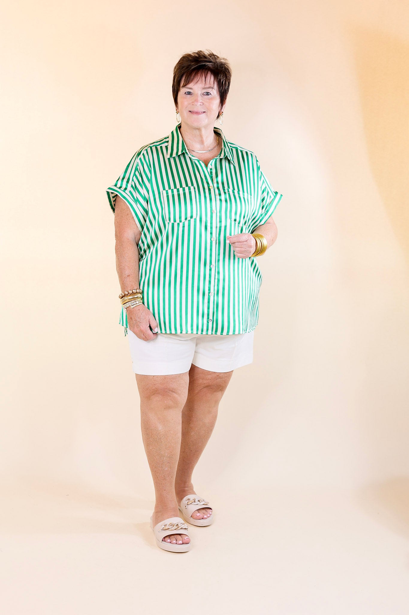 Free To Be Fab Button Up Short Sleeve Striped Top in Green