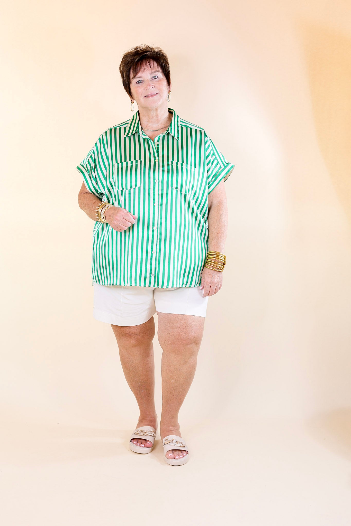 Free To Be Fab Button Up Short Sleeve Striped Top in Green