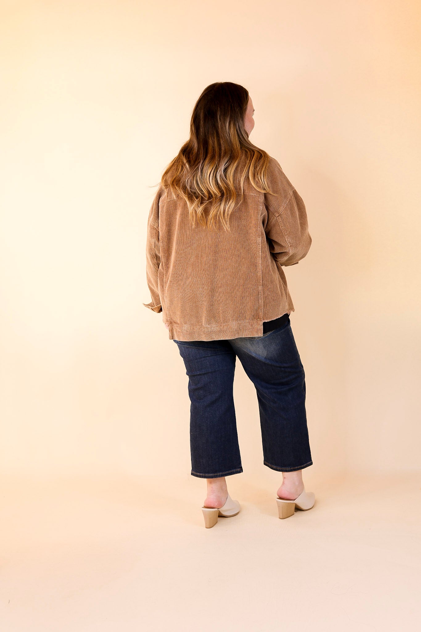 Edgy and Chic Button Up Corduroy Jacket with Raw Hem in Camel Brown