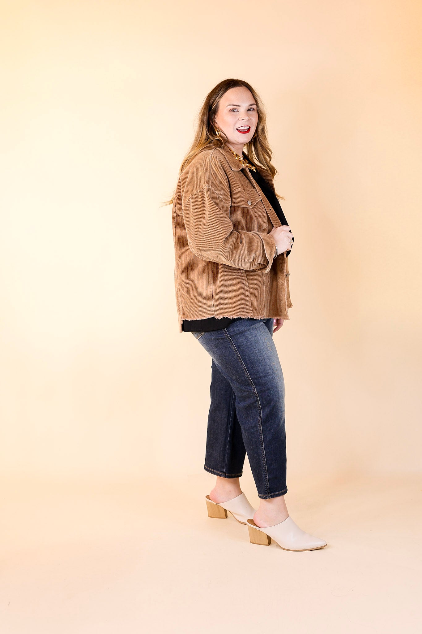 Edgy and Chic Button Up Corduroy Jacket with Raw Hem in Camel Brown