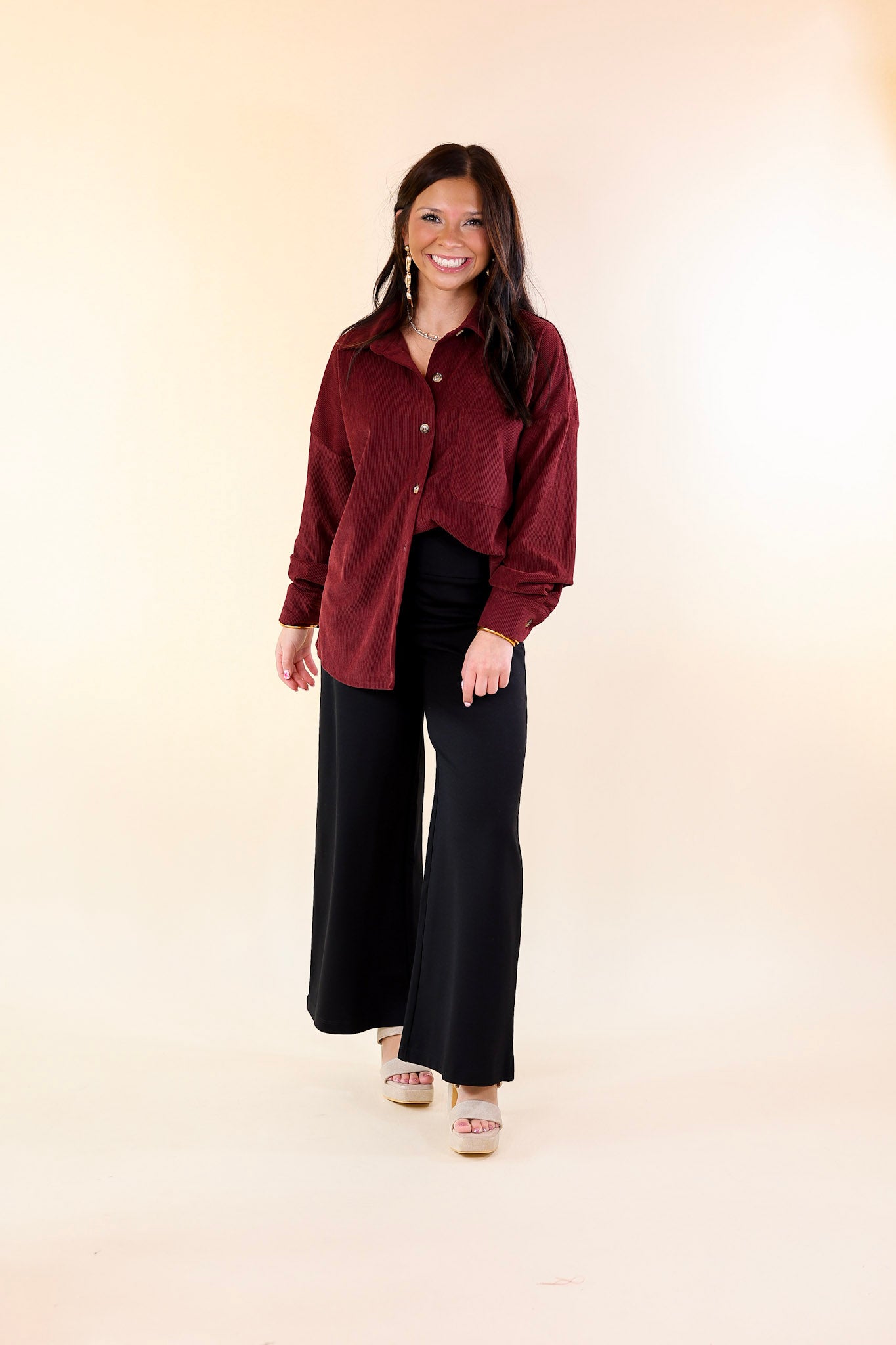 Captivating Cuteness Corduroy Button Up Shacket in Maroon