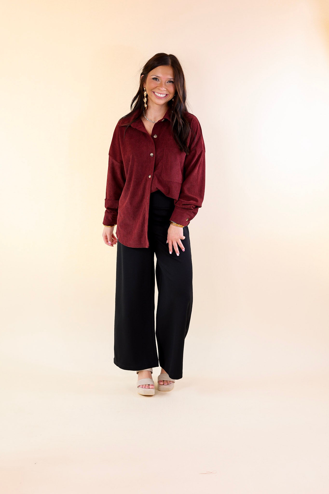 Captivating Cuteness Corduroy Button Up Shacket in Maroon