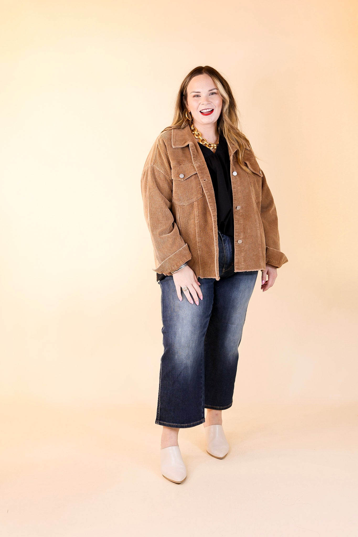 Edgy and Chic Button Up Corduroy Jacket with Raw Hem in Camel Brown