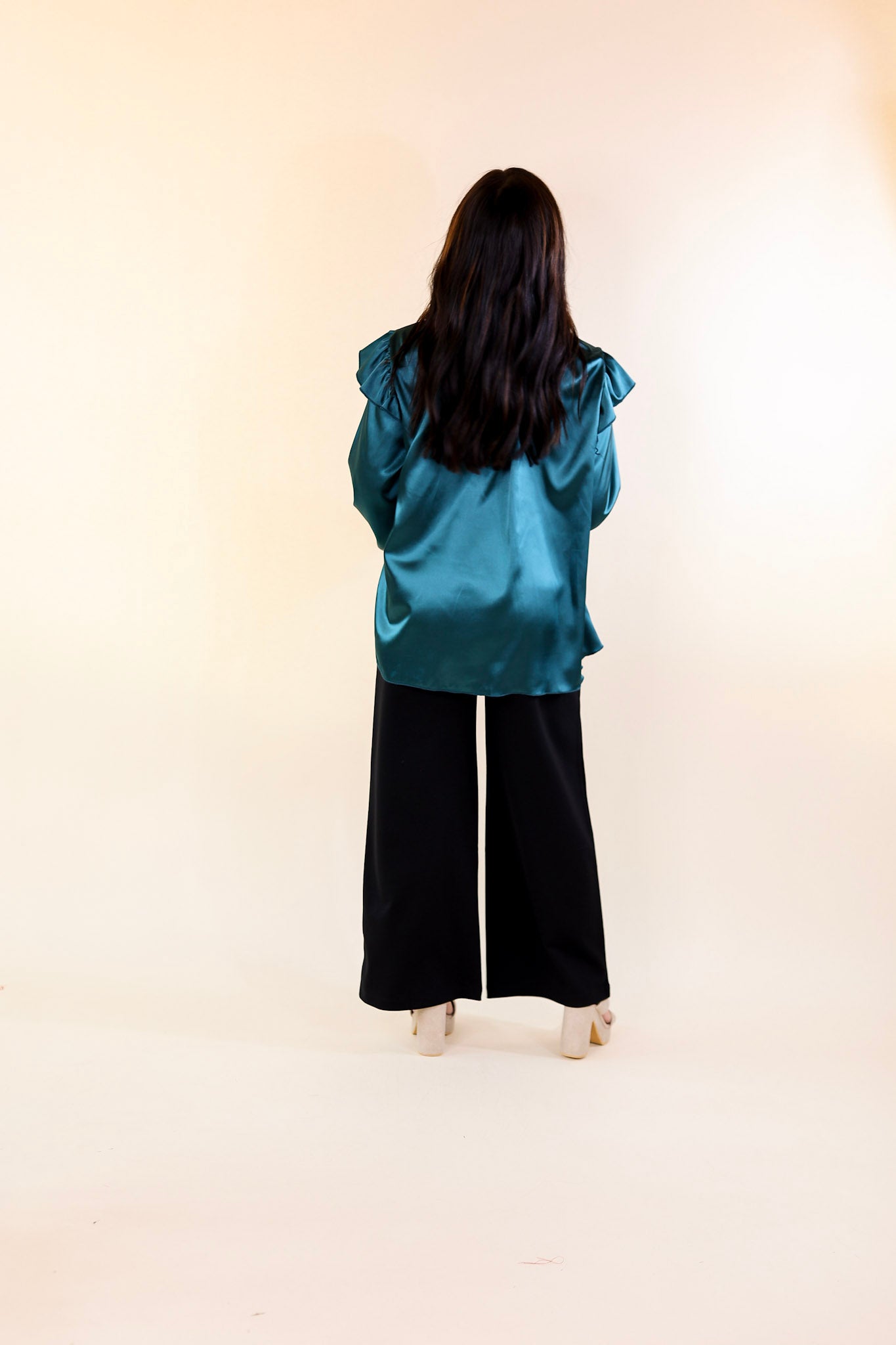 Can't Stop Me Ruffle Mock Neck Long Sleeve Satin Top in Dark Teal