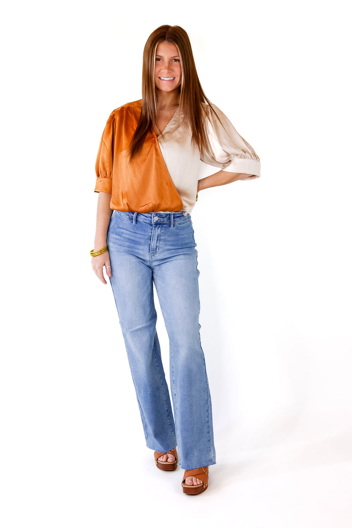 A Lister Color Block Bodysuit with Half Sleeves in Beige and Copper - Giddy Up Glamour Boutique