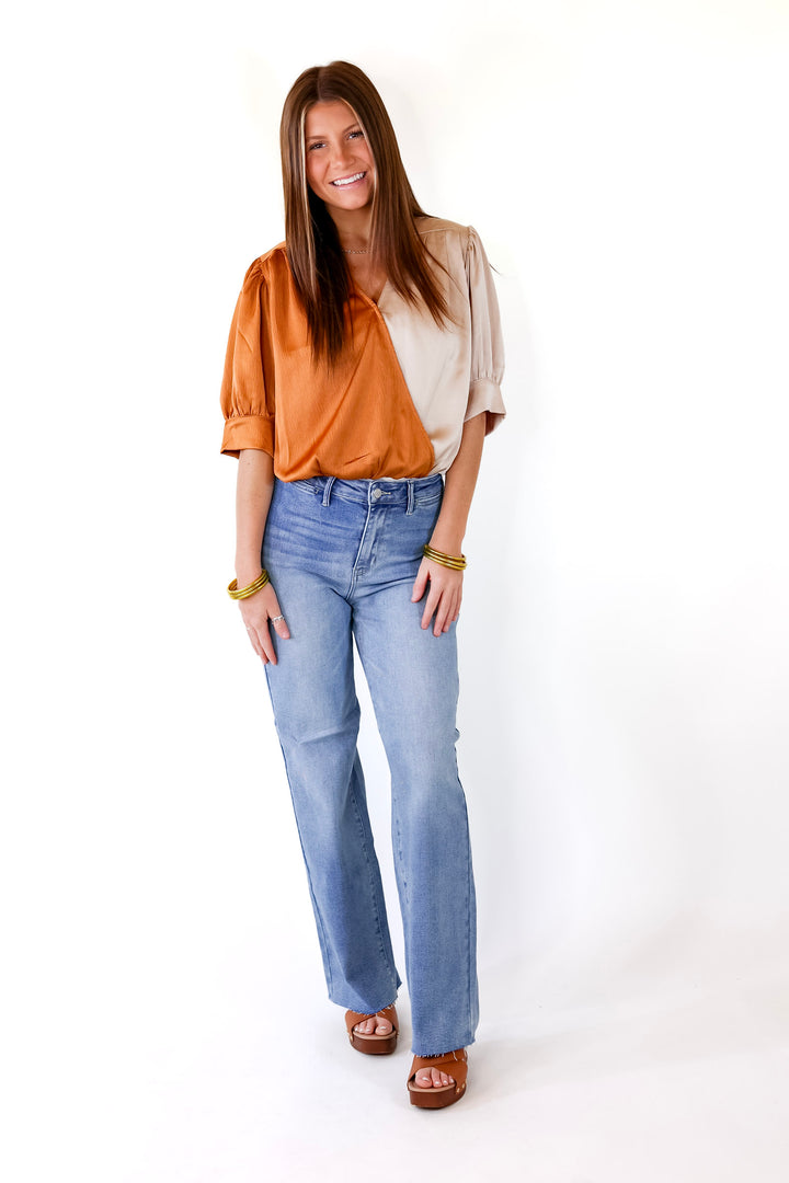 A Lister Color Block Bodysuit with Half Sleeves in Beige and Copper - Giddy Up Glamour Boutique