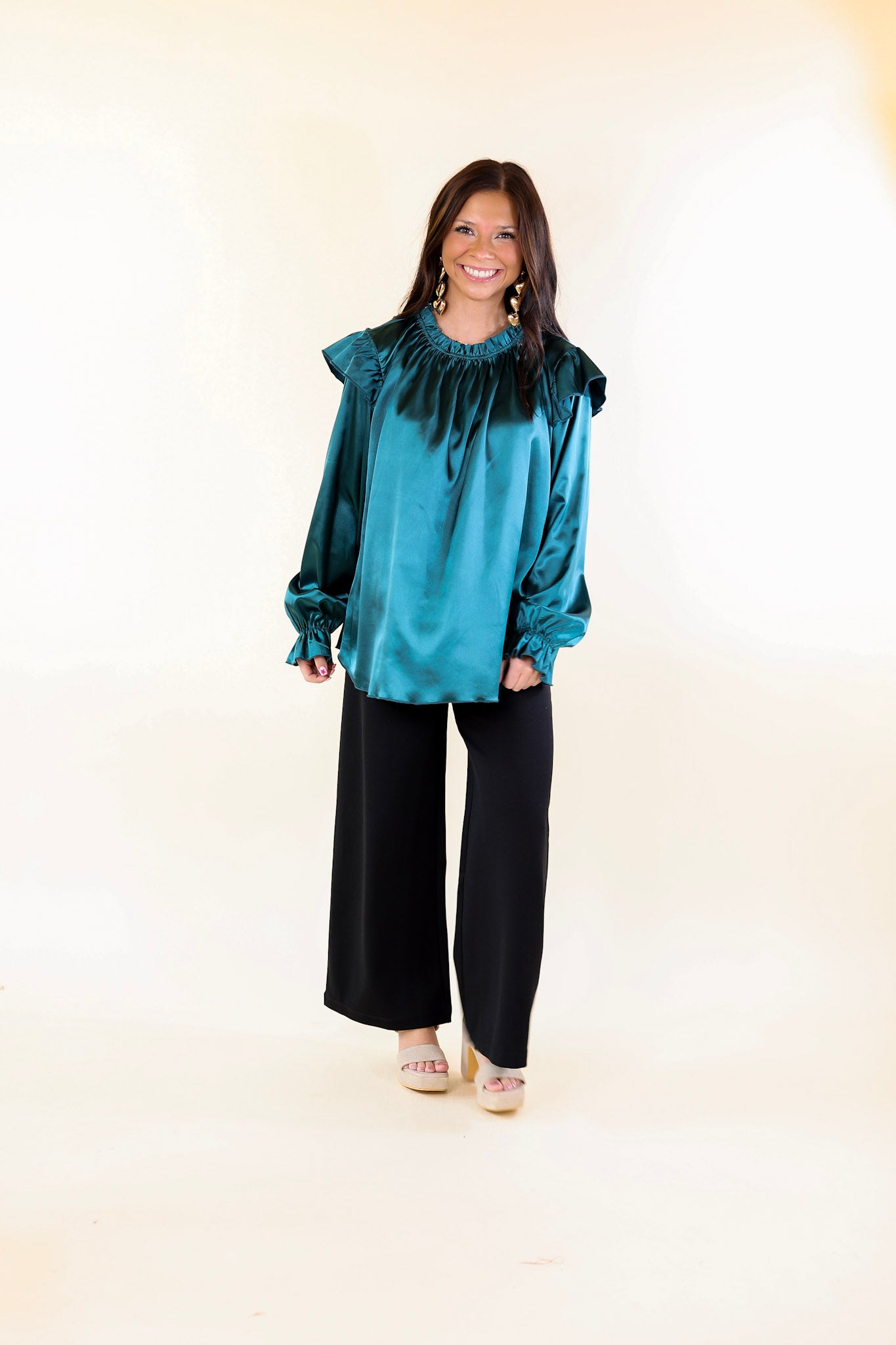 Can't Stop Me Ruffle Mock Neck Long Sleeve Satin Top in Dark Teal