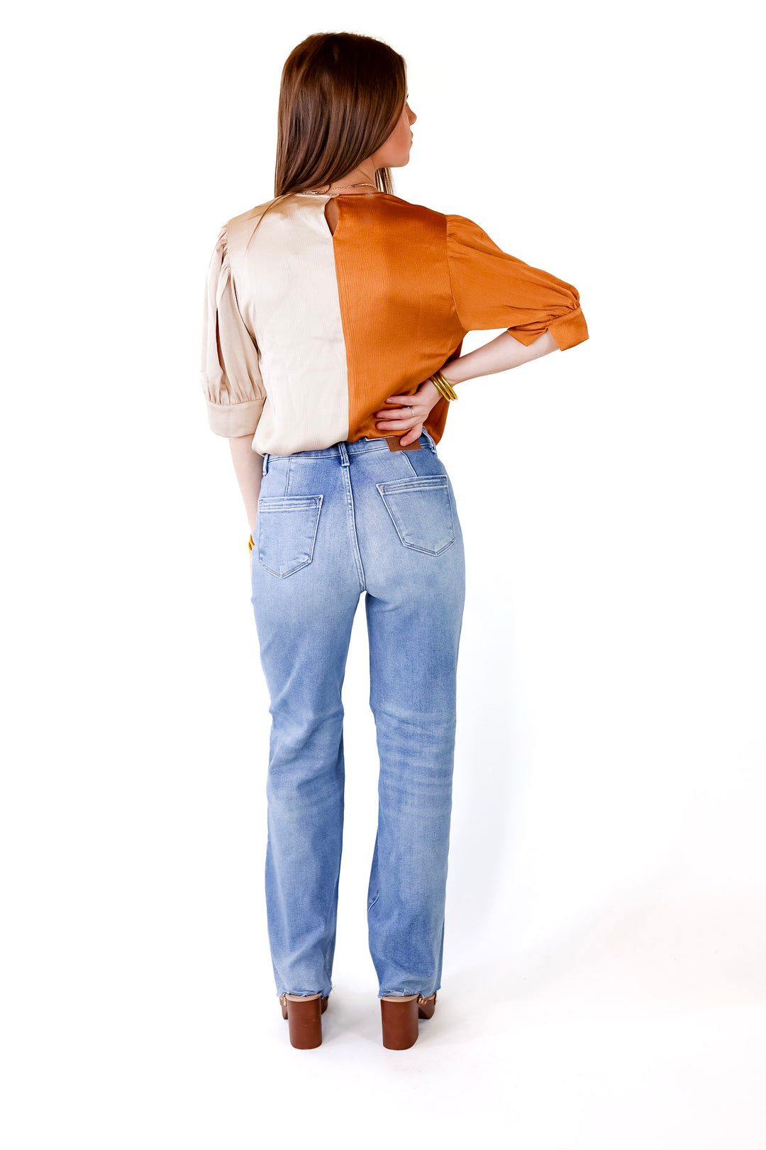 A Lister Color Block Bodysuit with Half Sleeves in Beige and Copper - Giddy Up Glamour Boutique