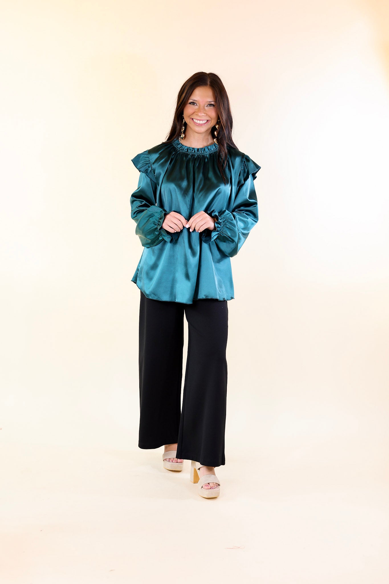 Can't Stop Me Ruffle Mock Neck Long Sleeve Satin Top in Dark Teal