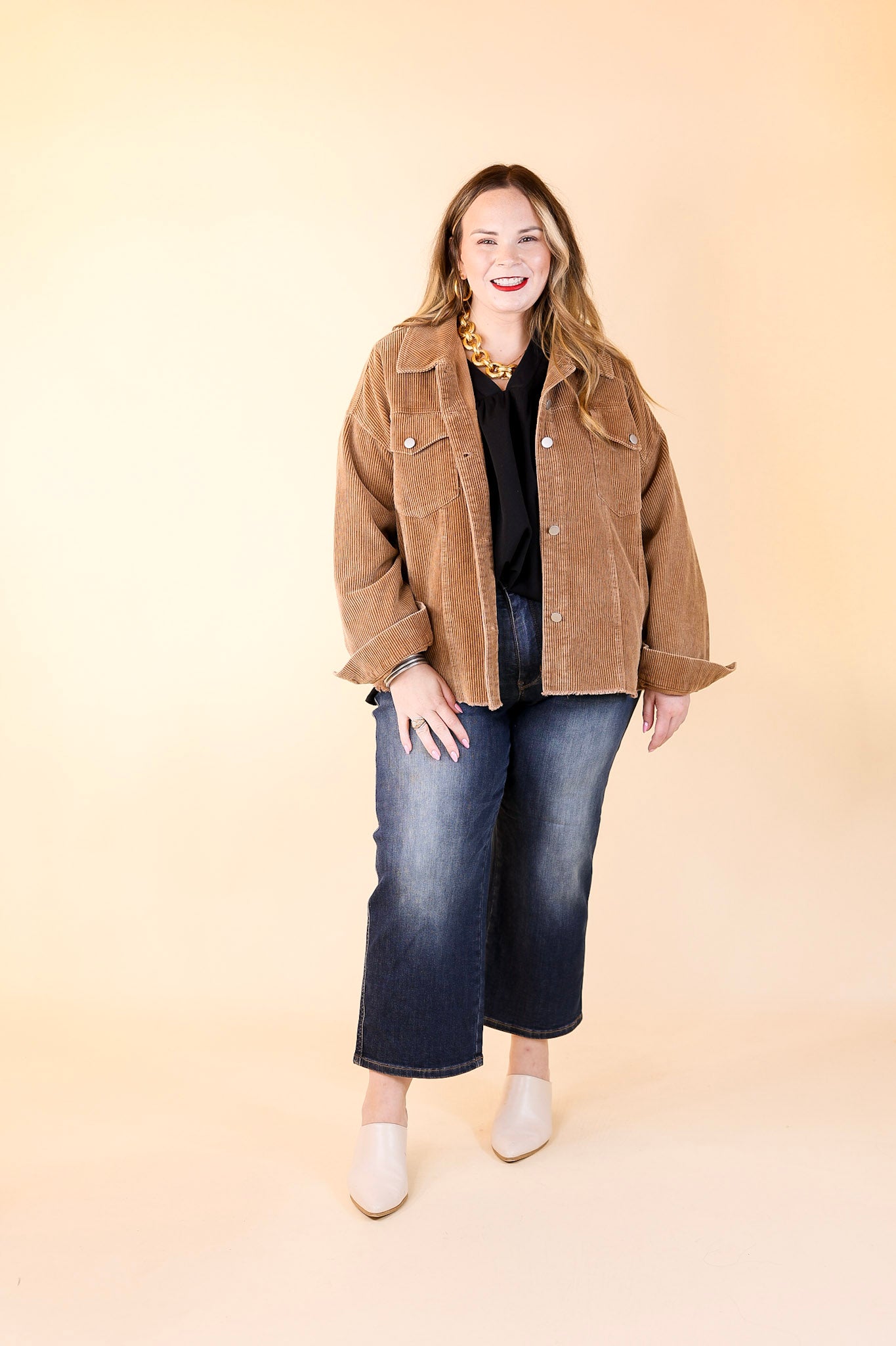 Edgy and Chic Button Up Corduroy Jacket with Raw Hem in Camel Brown