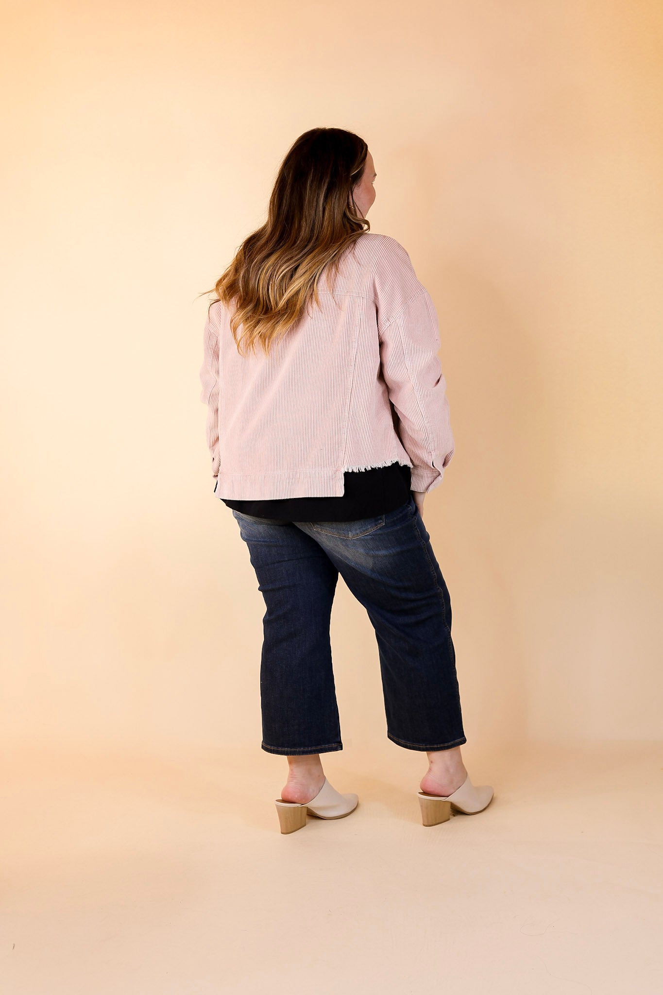 Edgy and Chic Button Up Corduroy Jacket with Raw Hem in Blush Pink