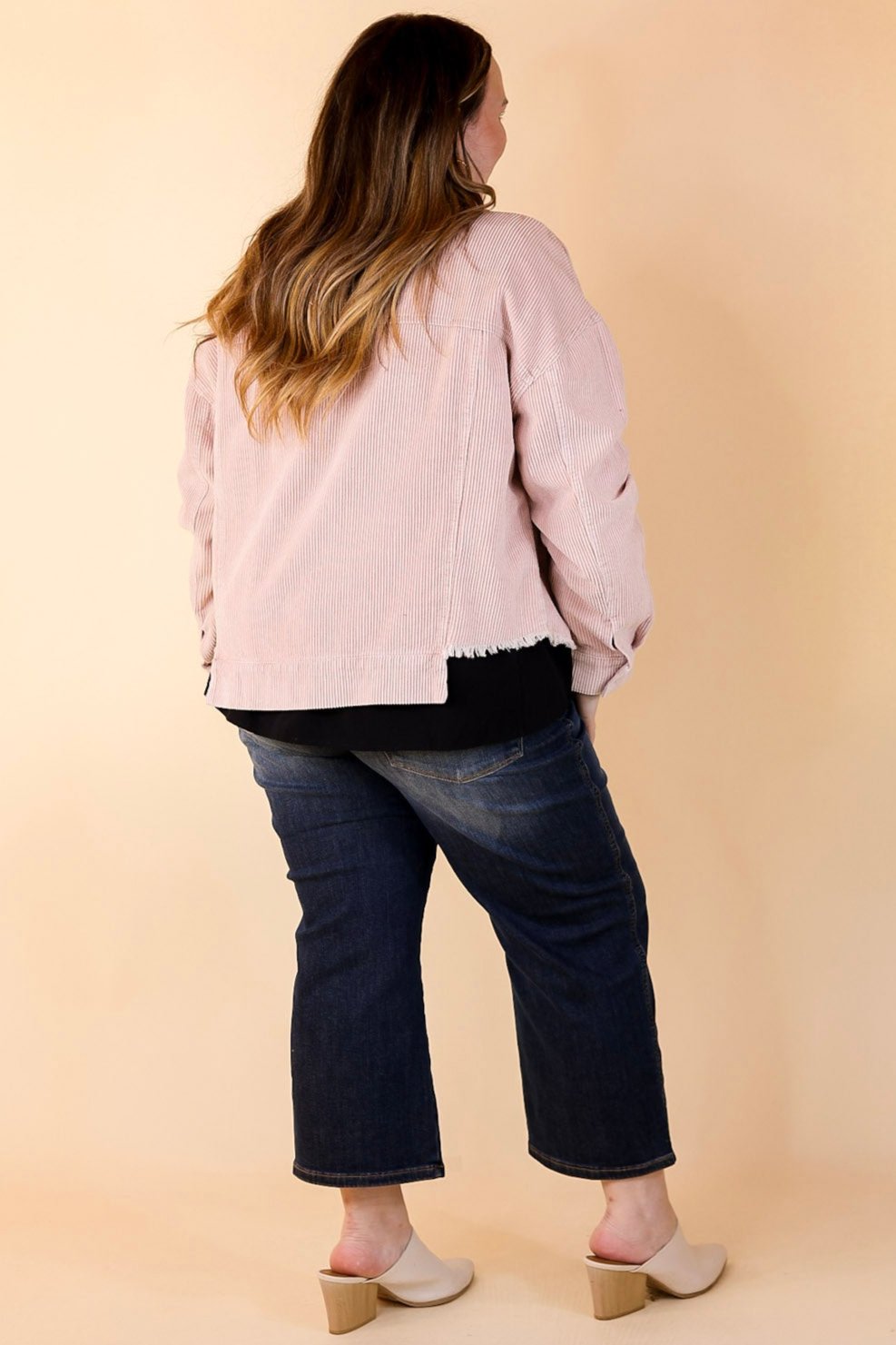 Edgy and Chic Button Up Corduroy Jacket with Raw Hem in Blush Pink