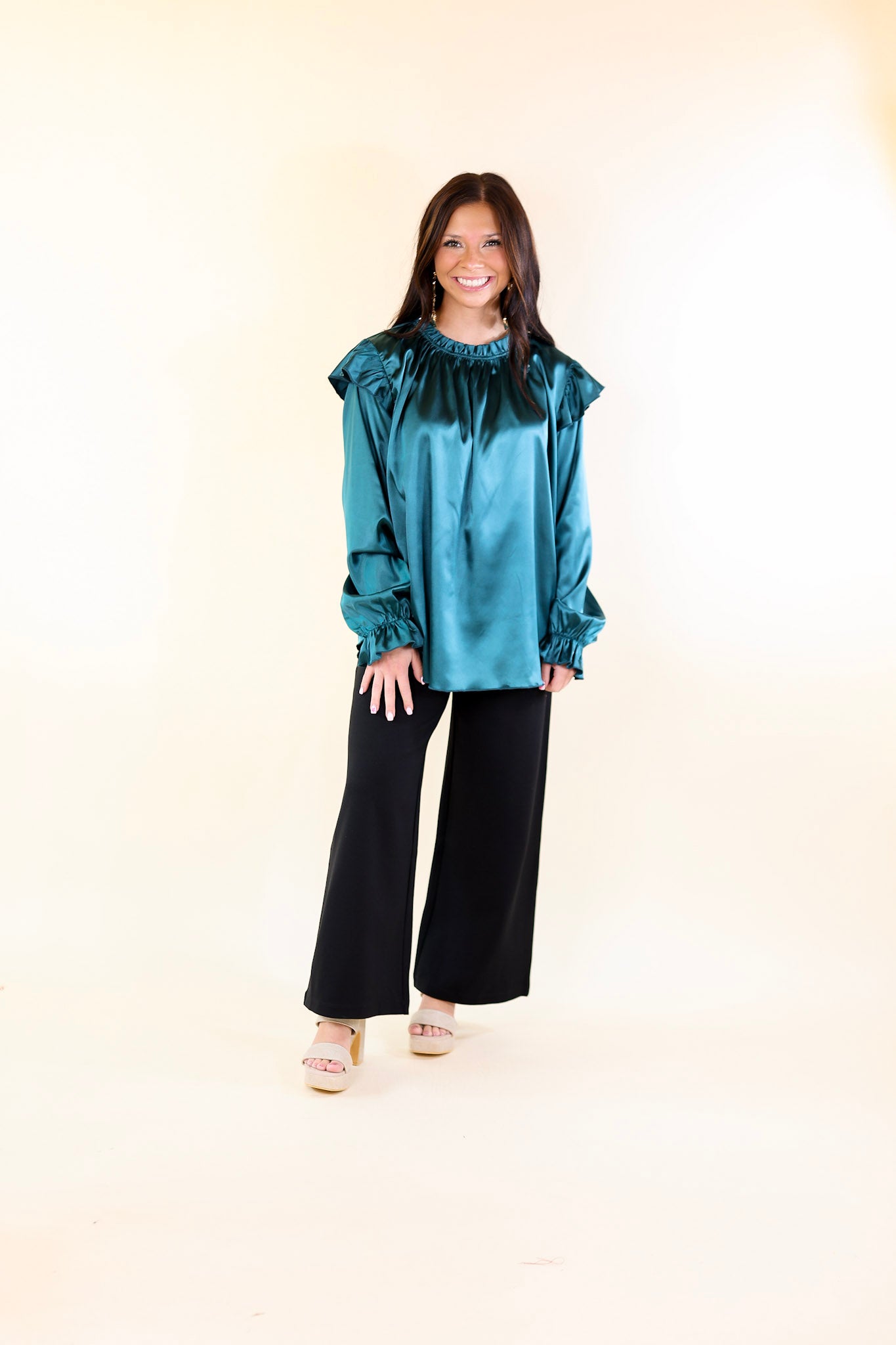 Can't Stop Me Ruffle Mock Neck Long Sleeve Satin Top in Dark Teal