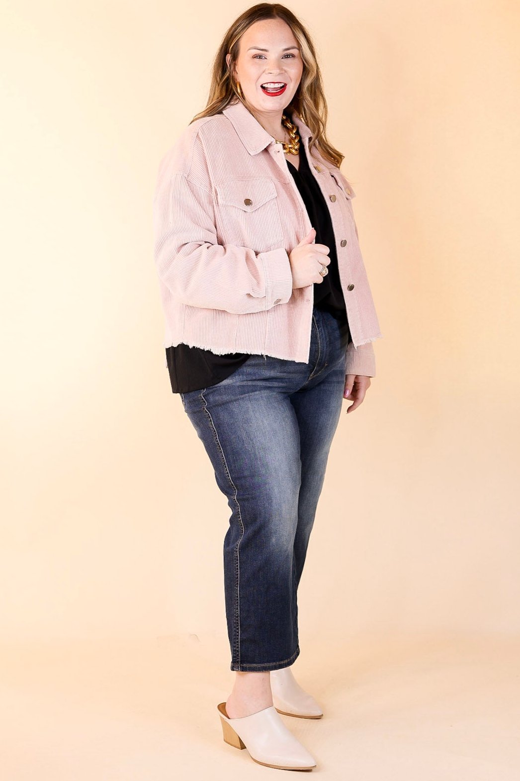 Edgy and Chic Button Up Corduroy Jacket with Raw Hem in Blush Pink