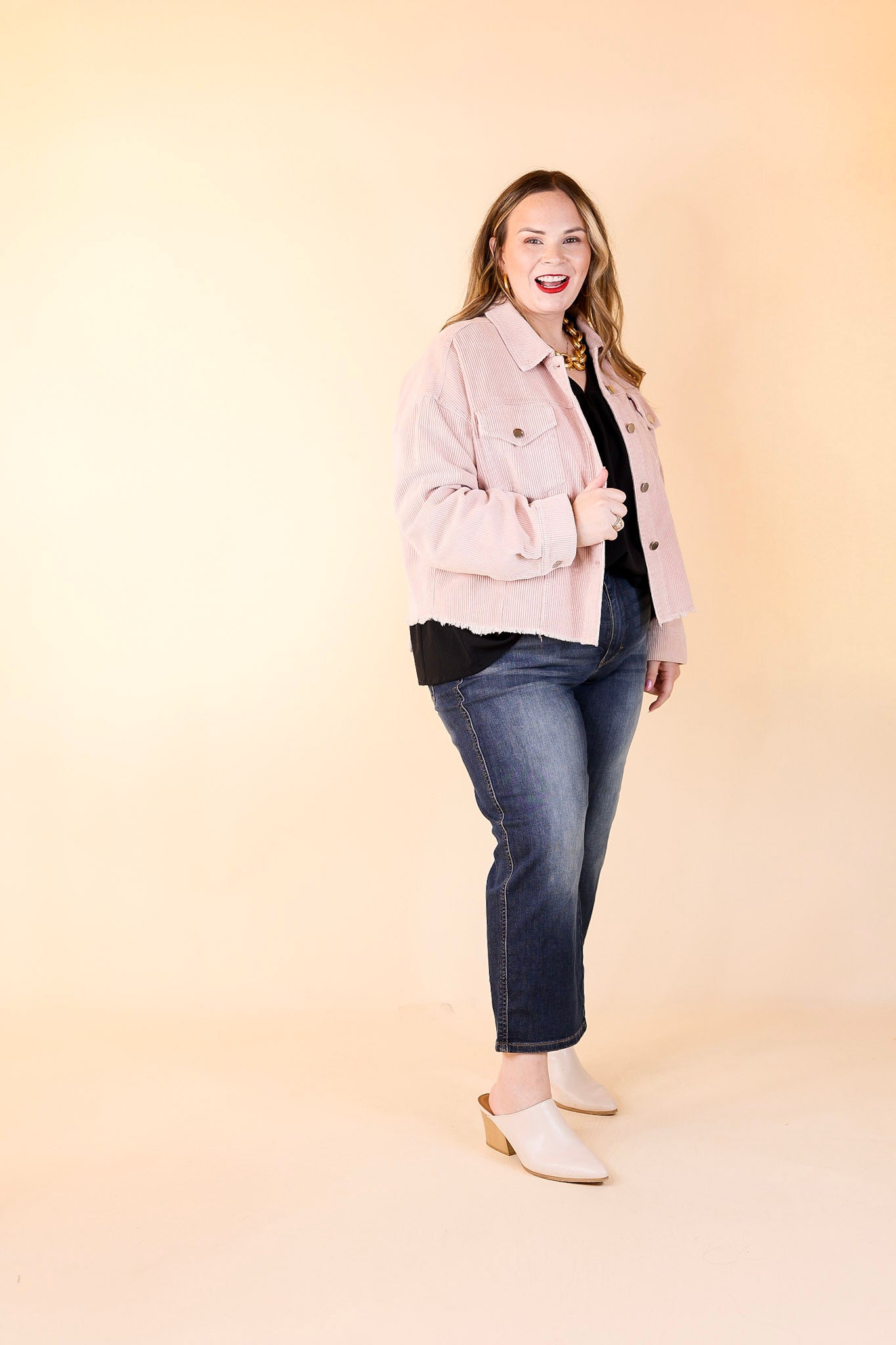 Edgy and Chic Button Up Corduroy Jacket with Raw Hem in Blush Pink