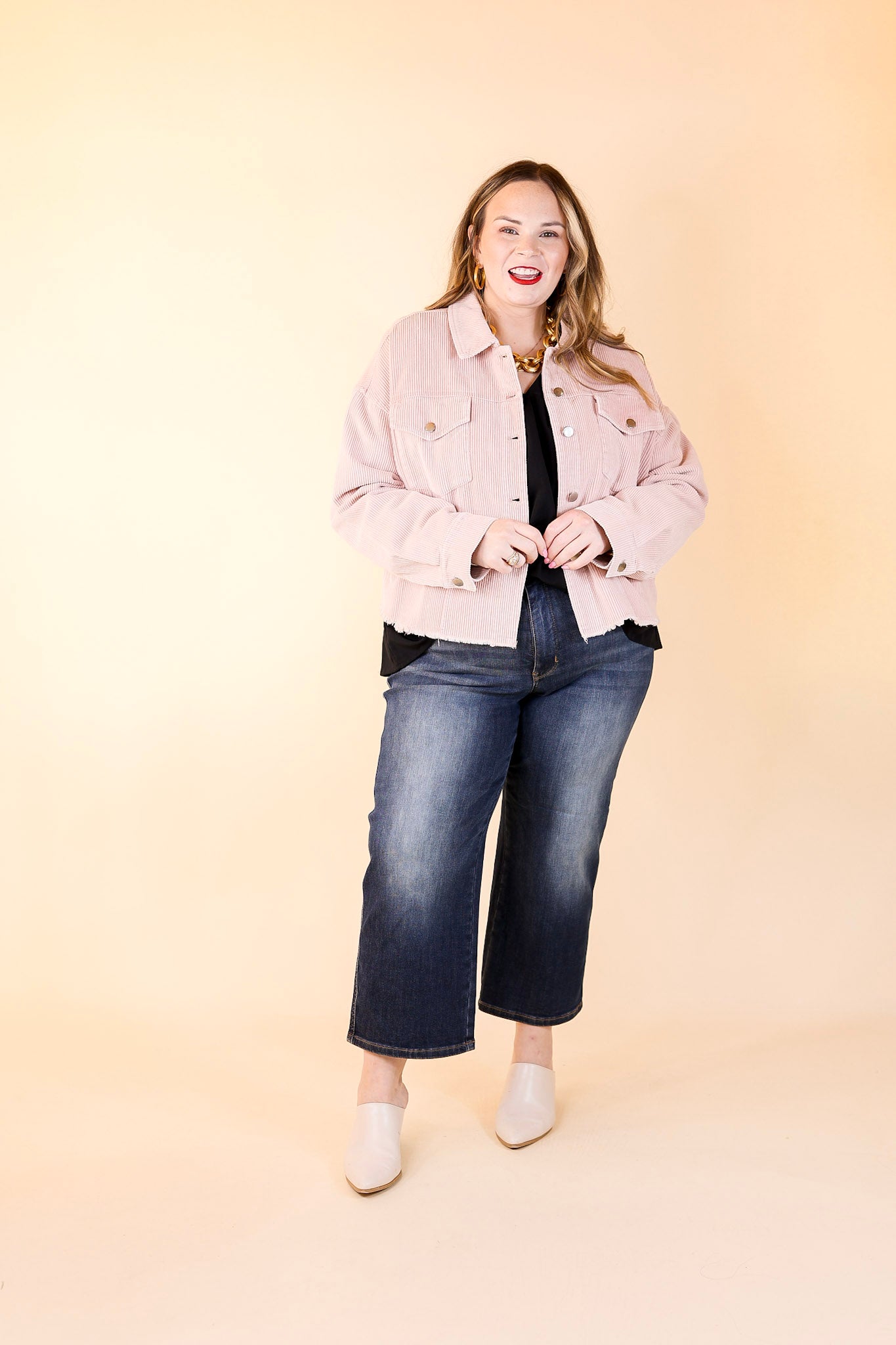 Edgy and Chic Button Up Corduroy Jacket with Raw Hem in Blush Pink