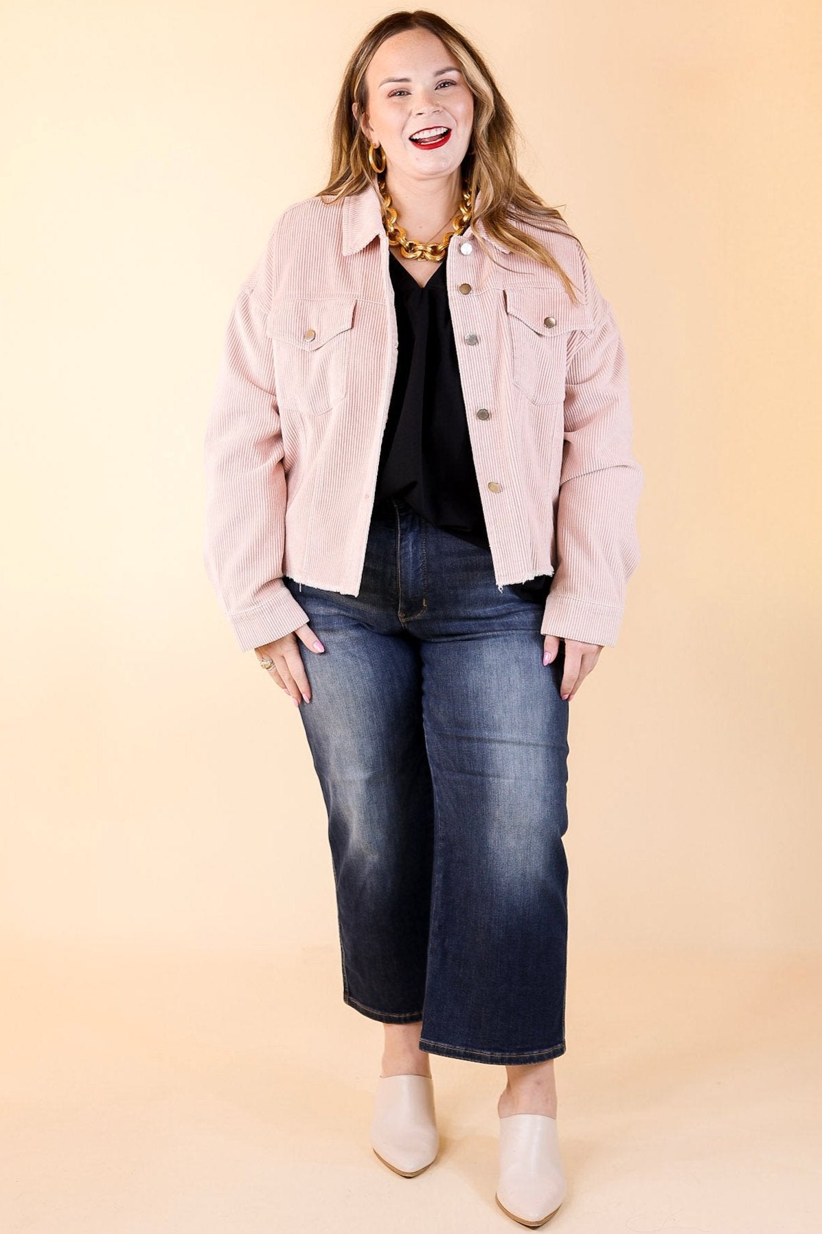 Edgy and Chic Button Up Corduroy Jacket with Raw Hem in Blush Pink