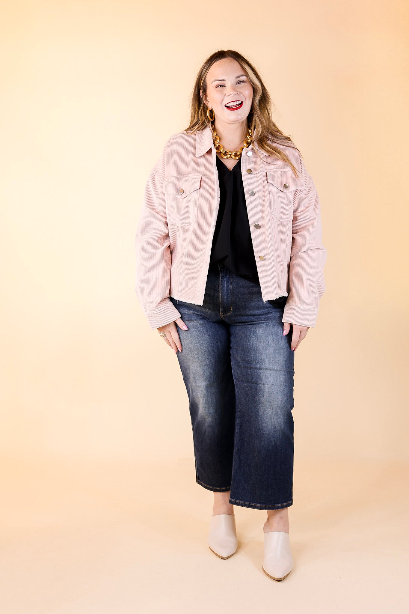 Edgy and Chic Button Up Corduroy Jacket with Raw Hem in Blush Pink