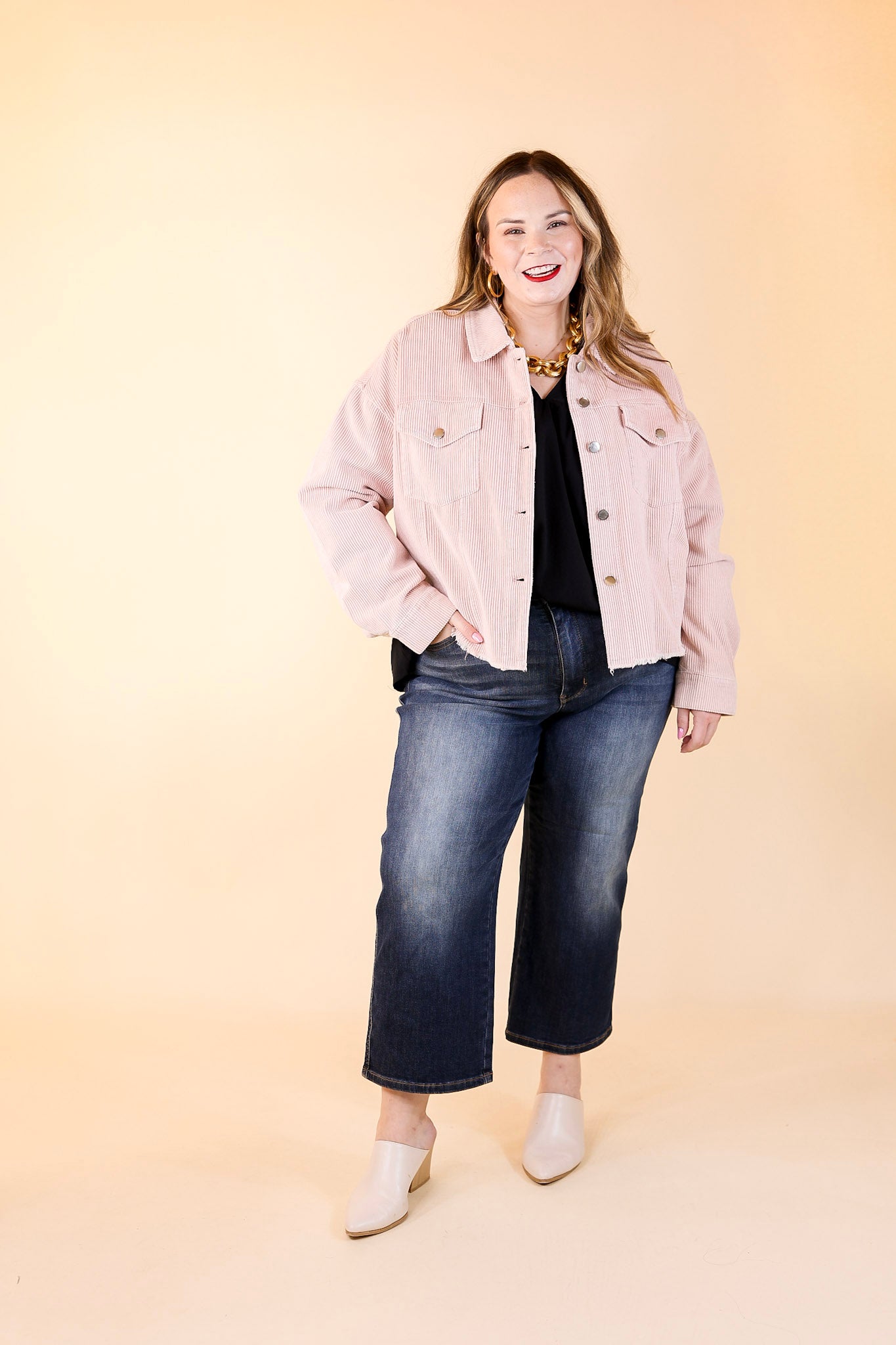 Edgy and Chic Button Up Corduroy Jacket with Raw Hem in Blush Pink