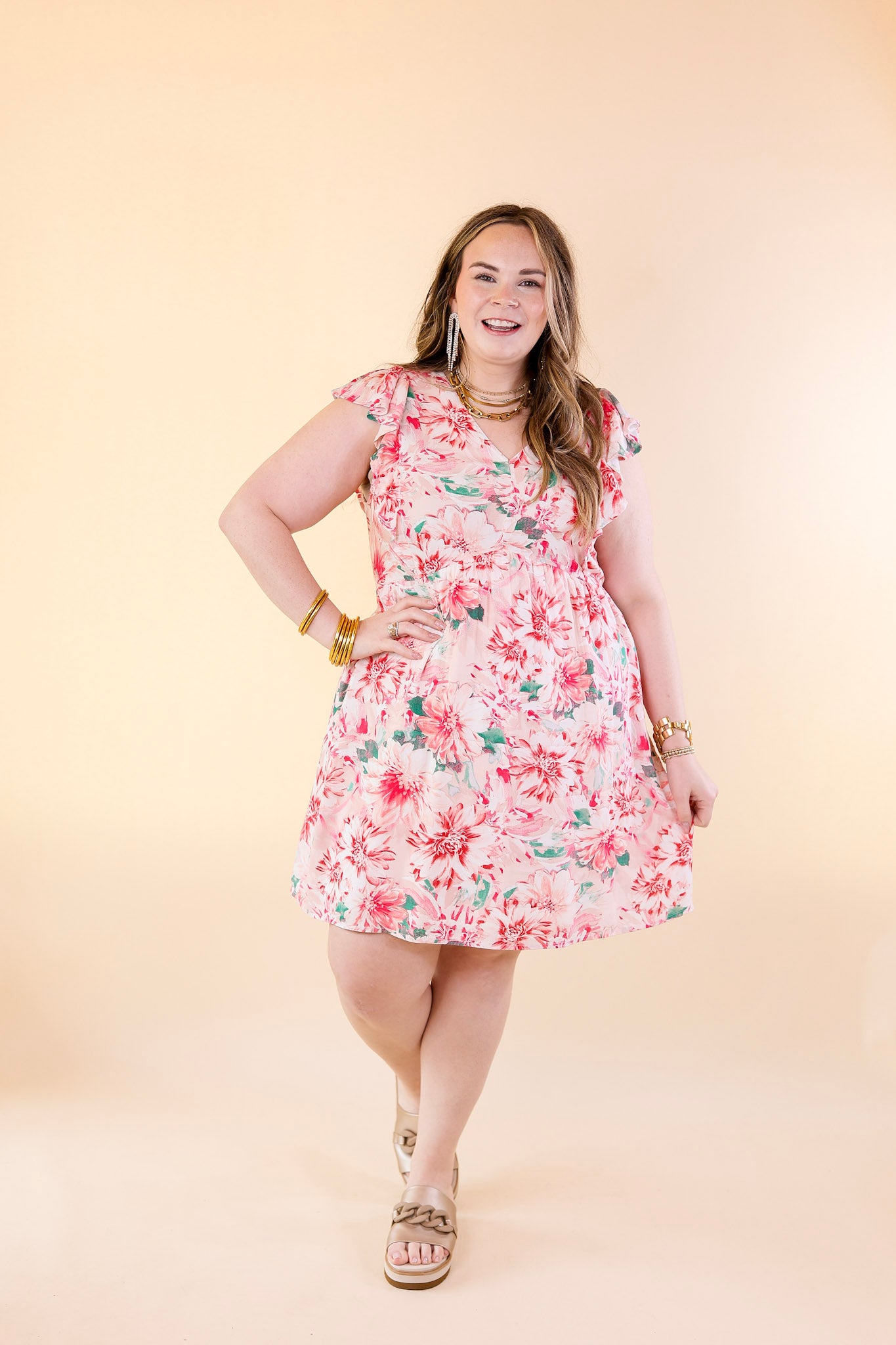 Sunshine On My Mind Floral Ruffle Cap Sleeve Dress in Pink - Giddy Up Glamour Boutique