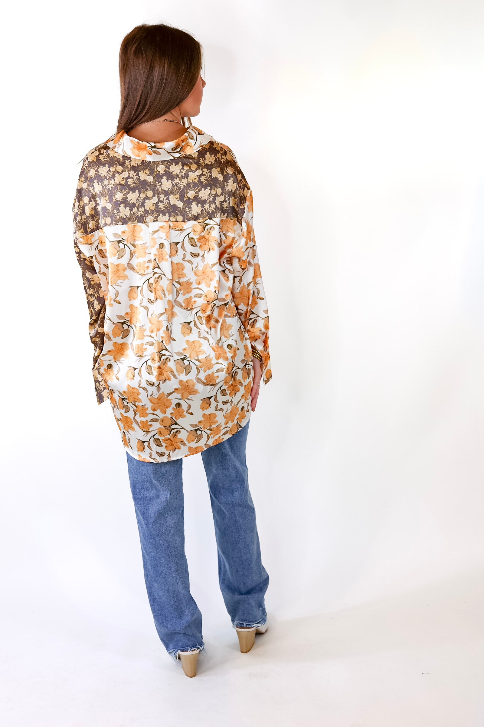 Fall Feels Satin Print Block Top with Long Sleeves in Olive Green and Gold - Giddy Up Glamour Boutique