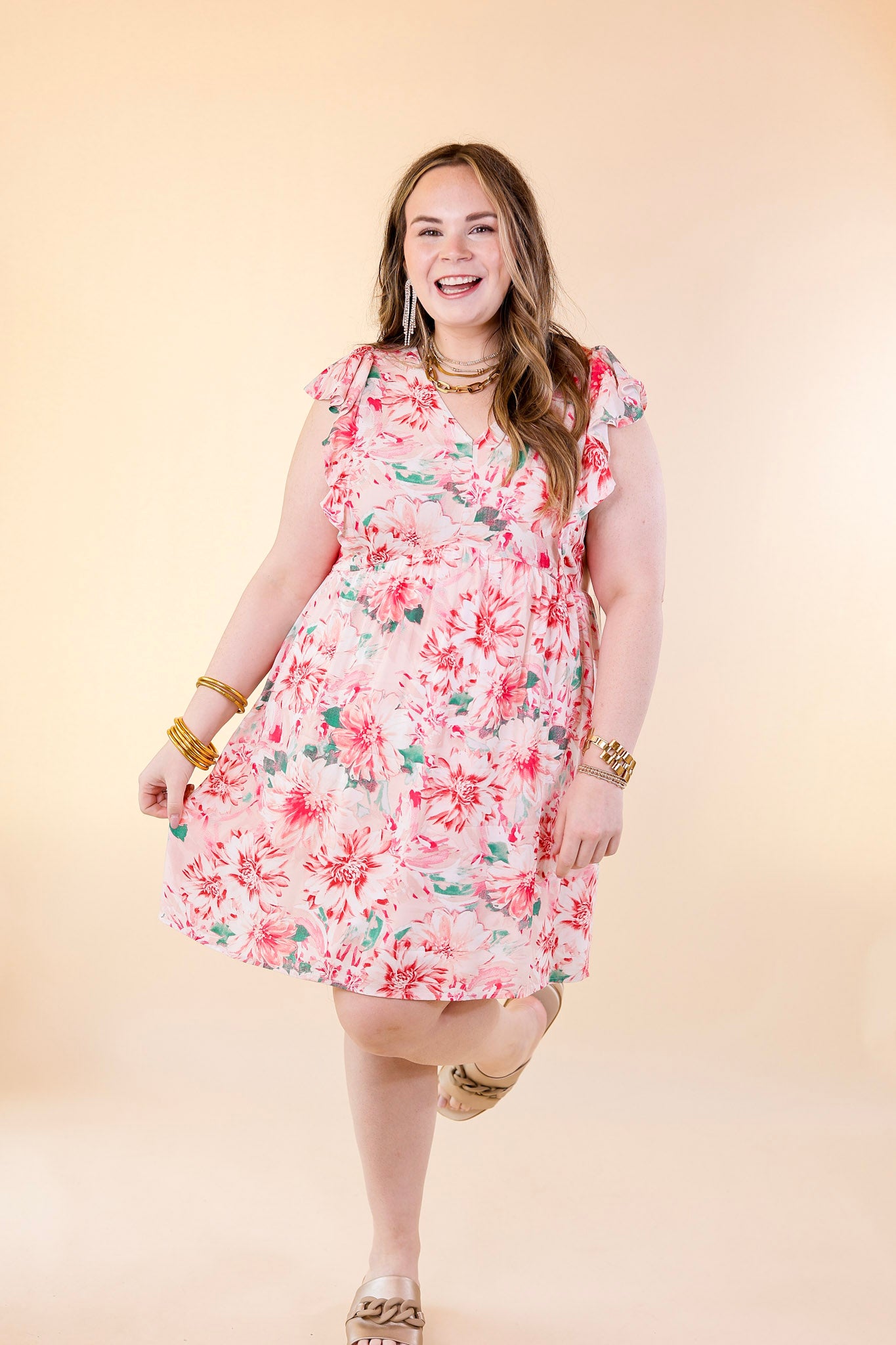 Sunshine On My Mind Floral Ruffle Cap Sleeve Dress in Pink - Giddy Up Glamour Boutique