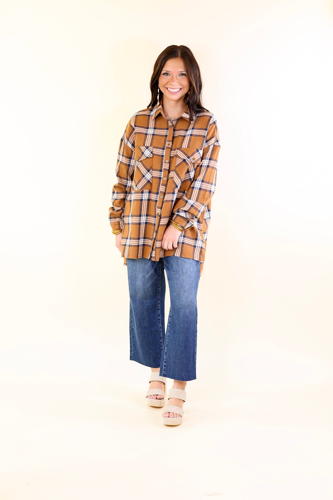 Cheery Mood Button Up Plaid Flannel Top in Camel Brown