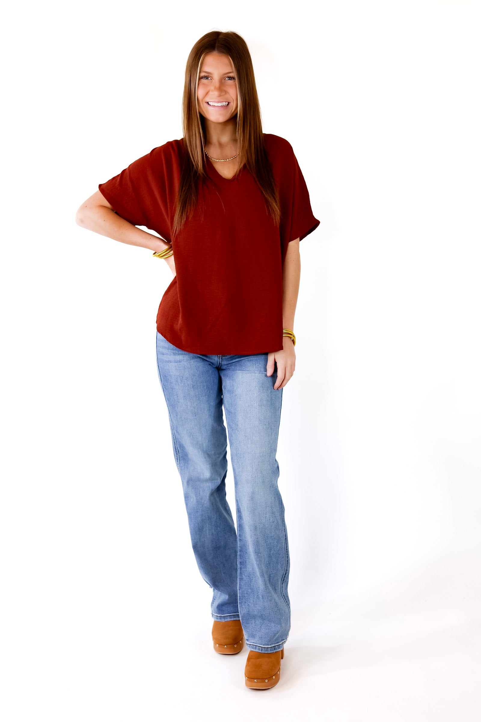 Lovely Dear V Neck Short Sleeve Solid Top in Rust Brown - Giddy Up Glamour Boutique