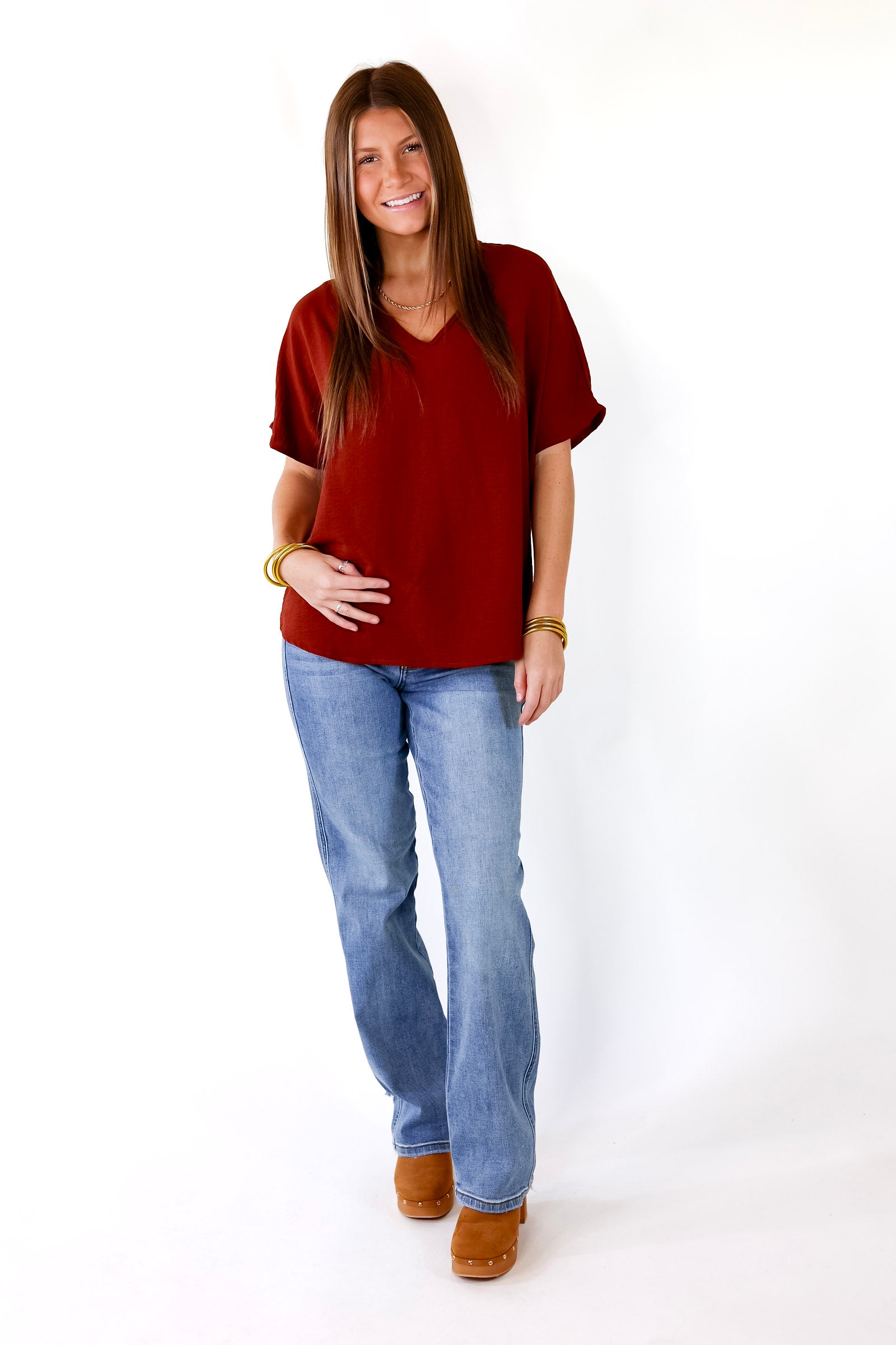 Lovely Dear V Neck Short Sleeve Solid Top in Rust Brown - Giddy Up Glamour Boutique