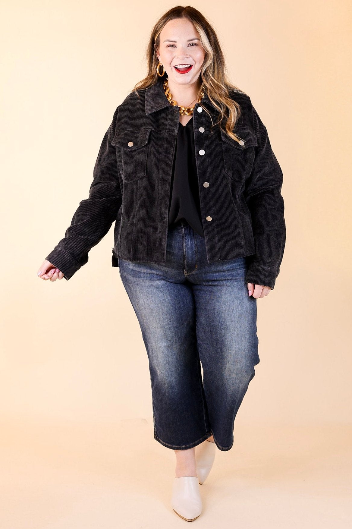 Edgy and Chic Button Up Corduroy Jacket with Raw Hem in Black