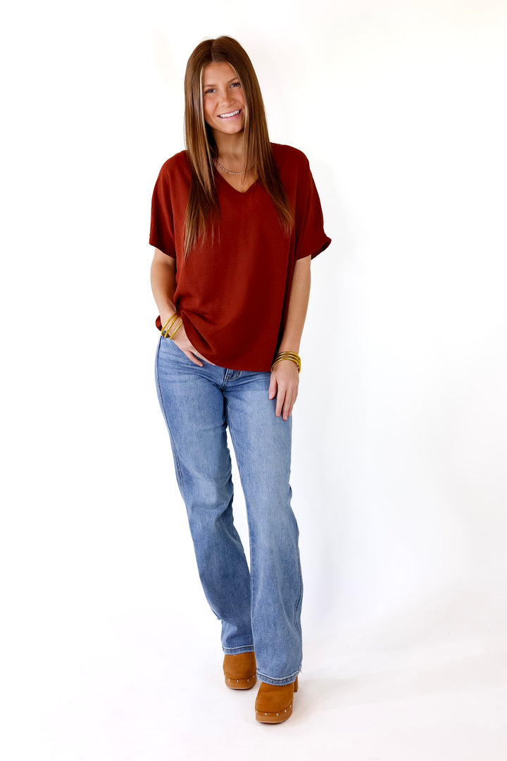 Lovely Dear V Neck Short Sleeve Solid Top in Rust Brown - Giddy Up Glamour Boutique