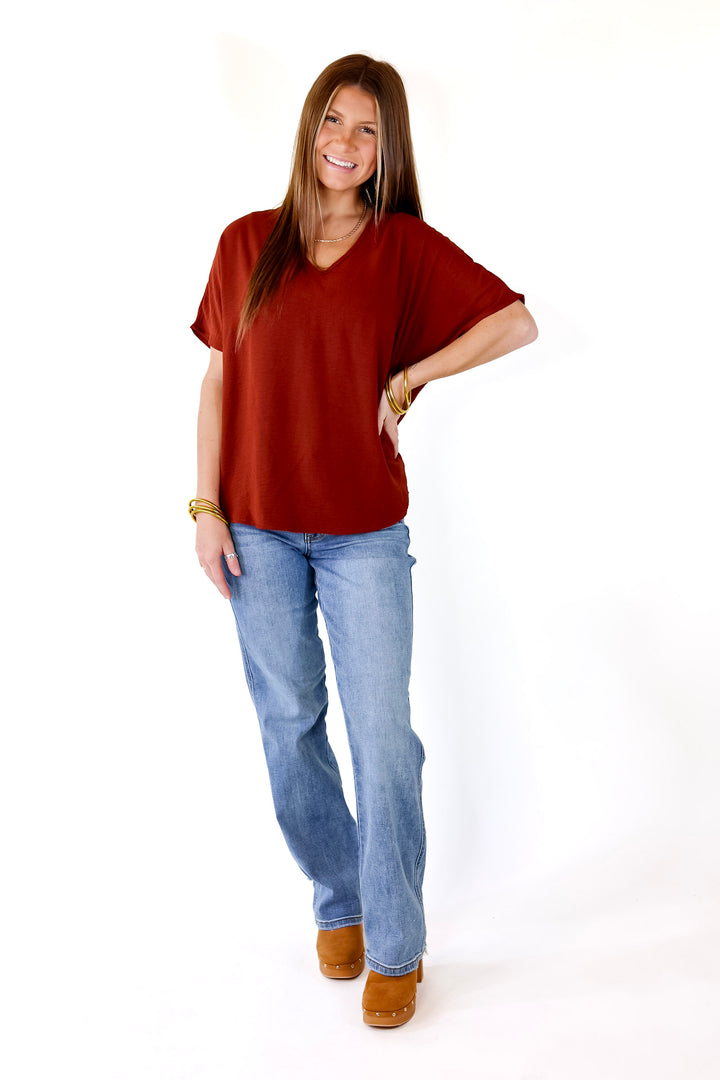 Lovely Dear V Neck Short Sleeve Solid Top in Rust Brown - Giddy Up Glamour Boutique