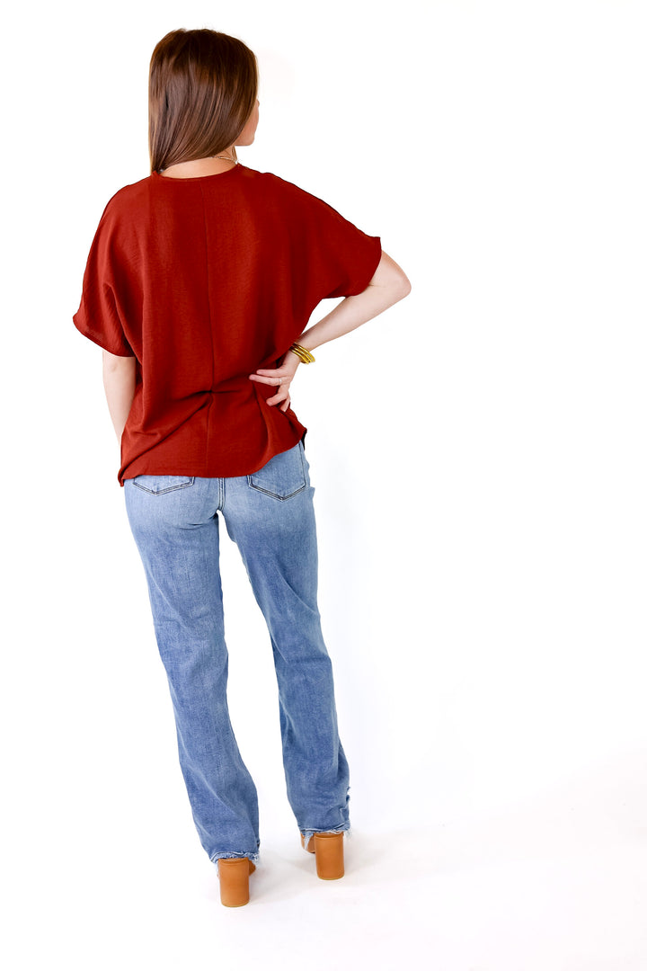 Lovely Dear V Neck Short Sleeve Solid Top in Rust Brown - Giddy Up Glamour Boutique