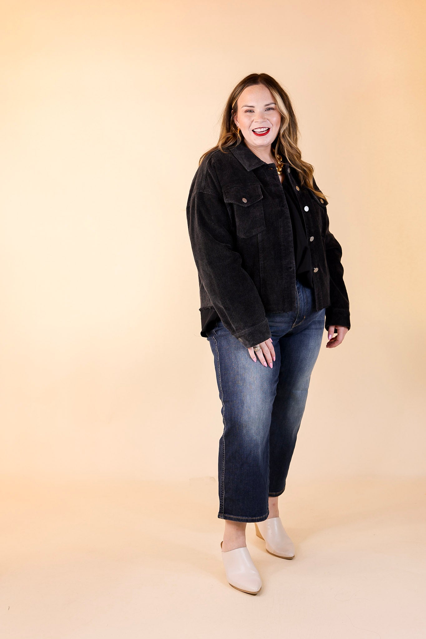 Edgy and Chic Button Up Corduroy Jacket with Raw Hem in Black