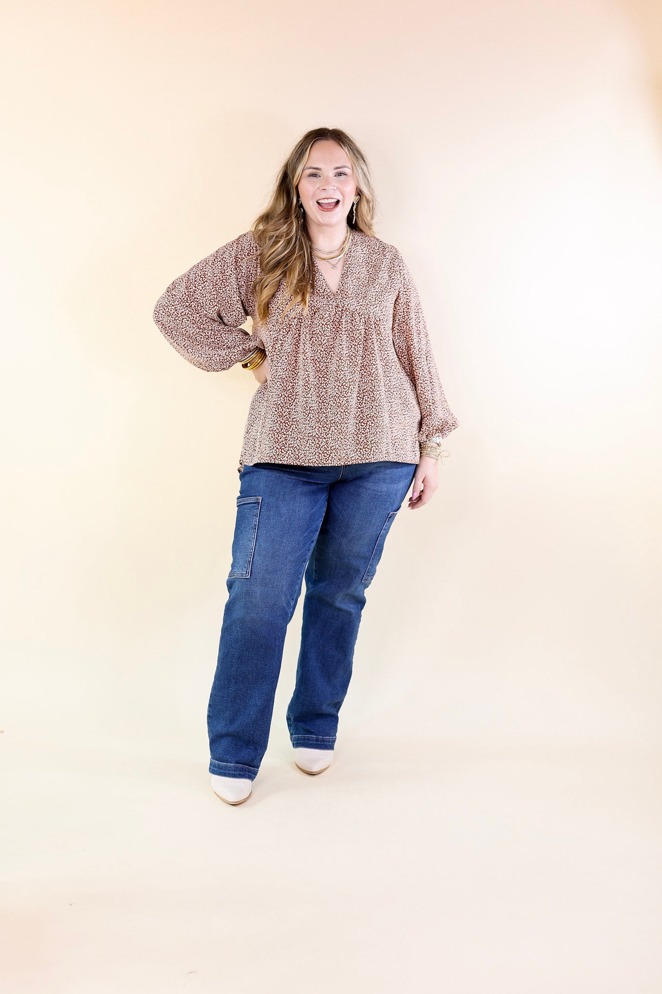 Really Dreamy Small Leopard Print Babydoll Top with Long Sleeves in Brown