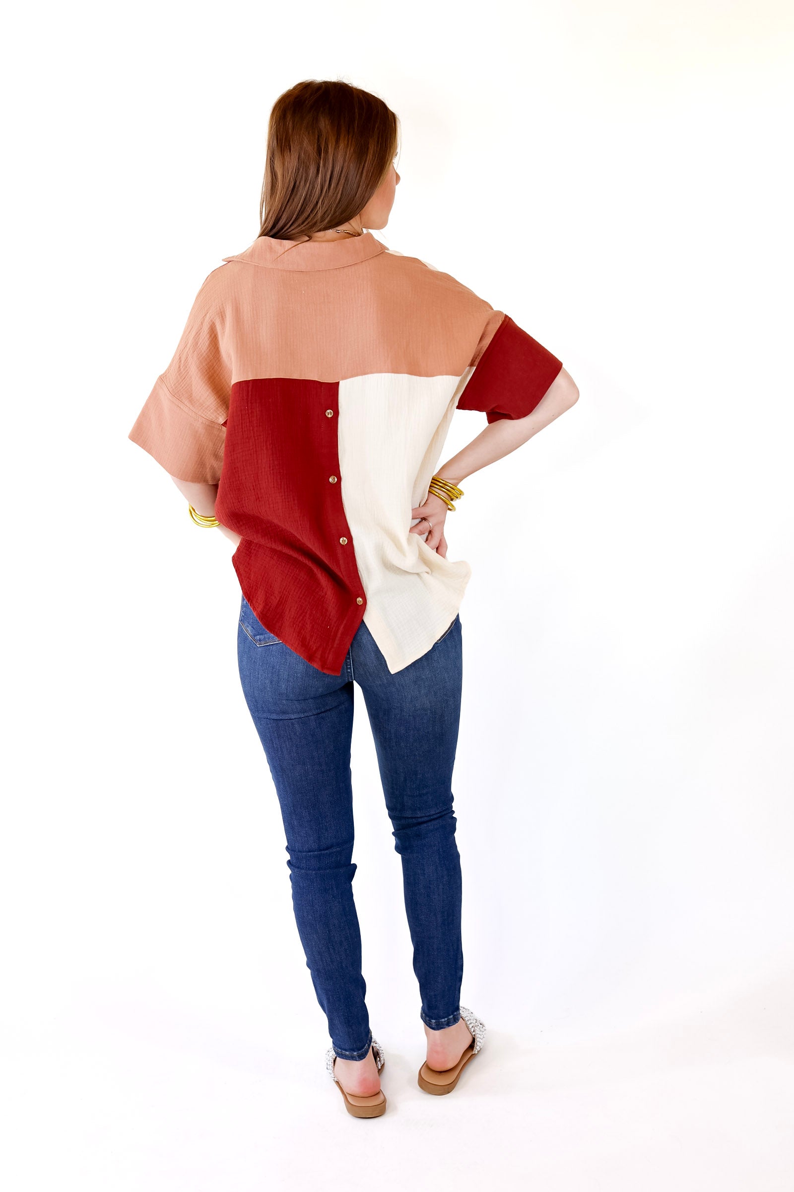 Burst of Joy Collared Color Block Top in Rust Brown Mix - Giddy Up Glamour Boutique