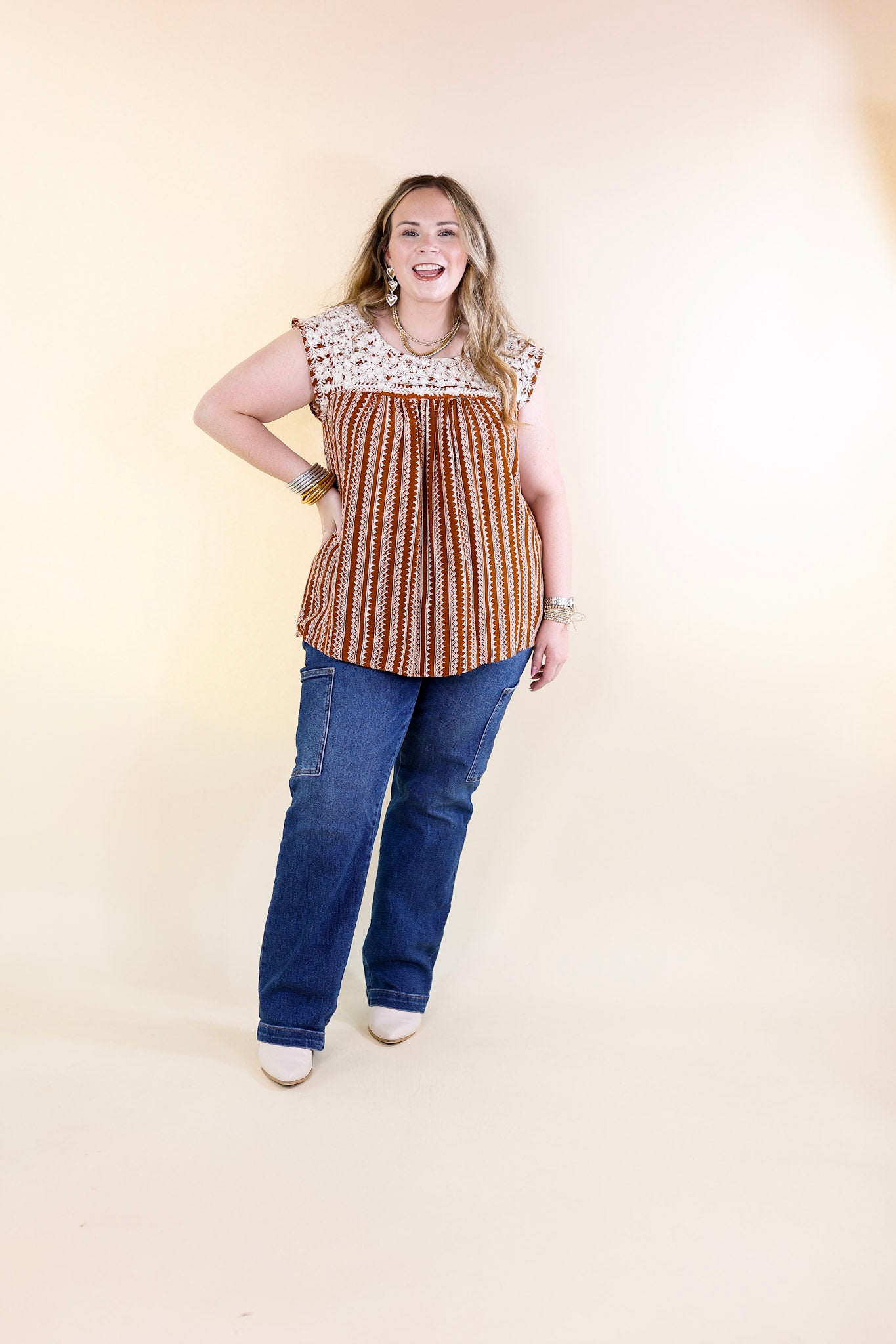 Afternoon Stroll Embroidered Tribal Top with Cap Sleeves in Rust Brown