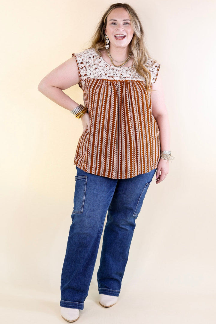 Afternoon Stroll Embroidered Tribal Top with Cap Sleeves in Rust Brown