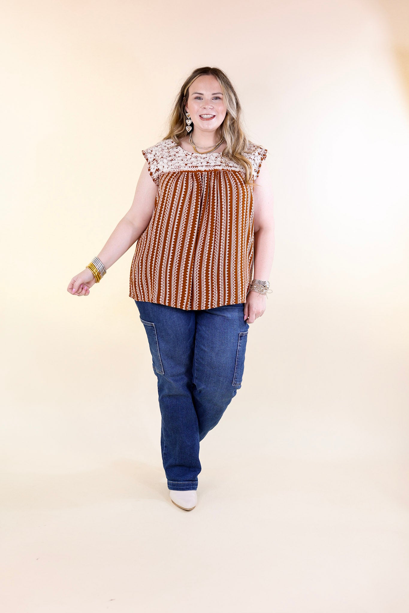 Afternoon Stroll Embroidered Tribal Top with Cap Sleeves in Rust Brown