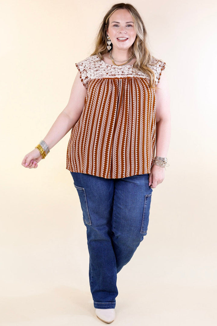 Afternoon Stroll Embroidered Tribal Top with Cap Sleeves in Rust Brown