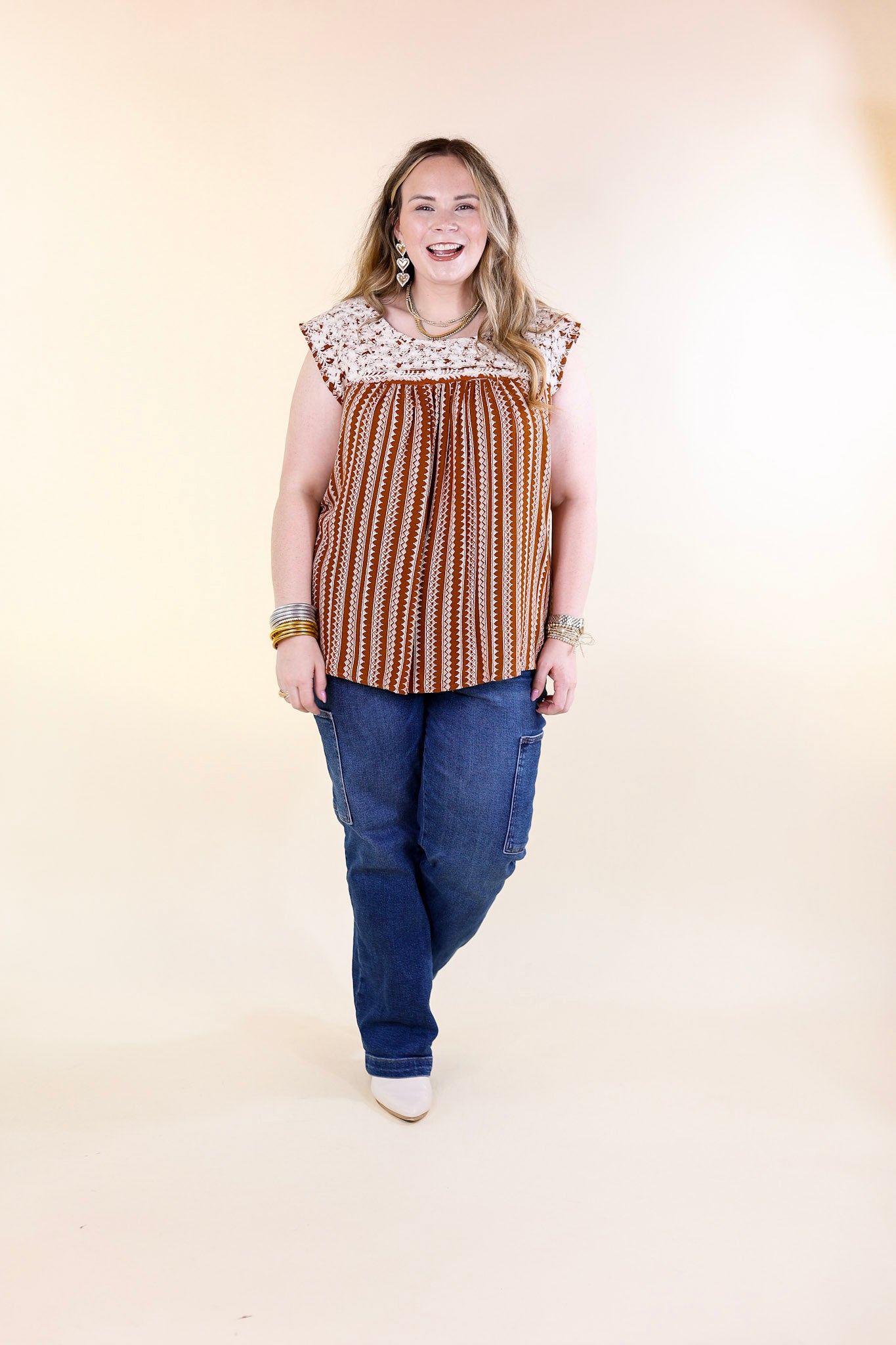 Afternoon Stroll Embroidered Tribal Top with Cap Sleeves in Rust Brown