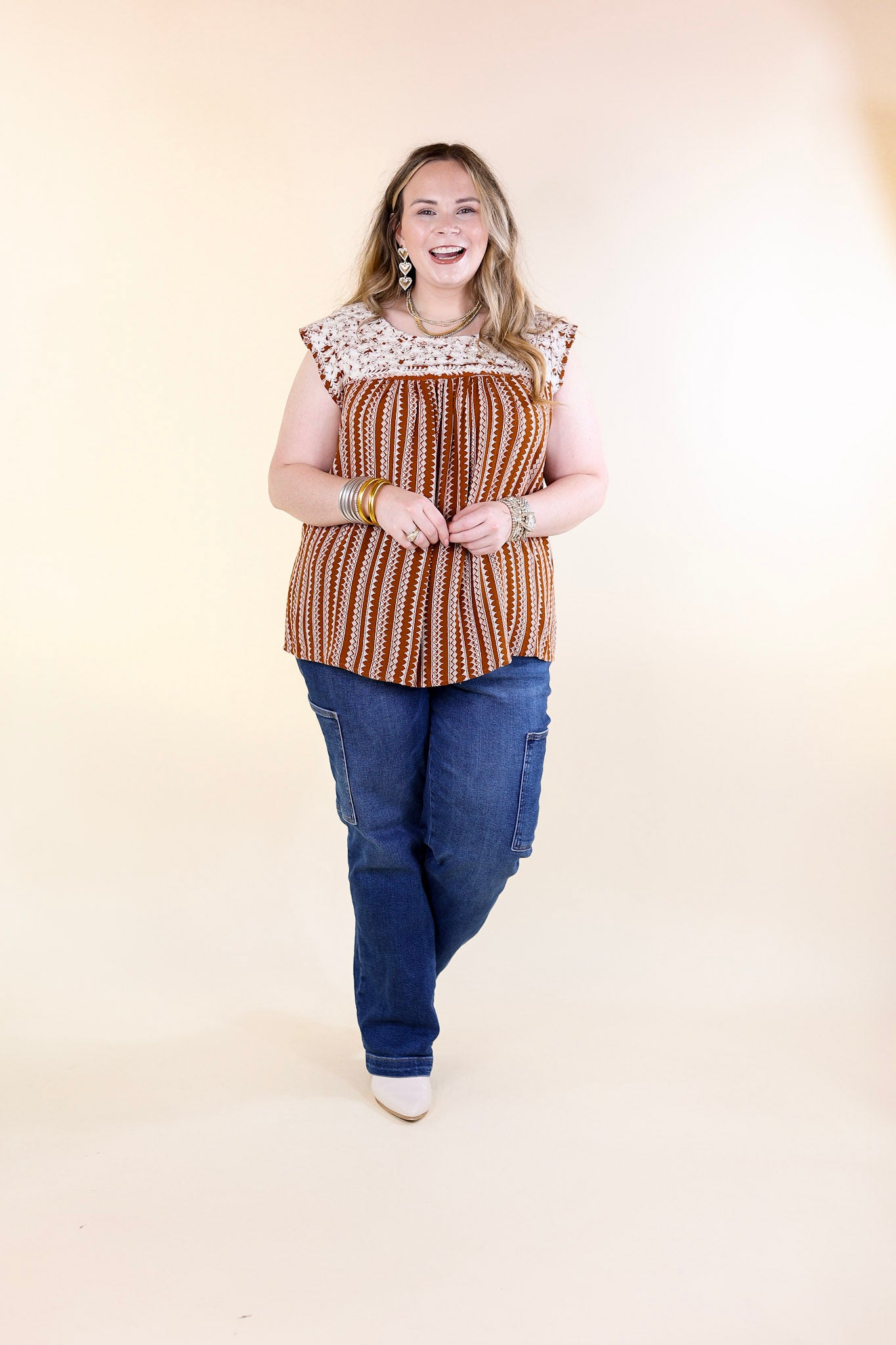 Afternoon Stroll Embroidered Tribal Top with Cap Sleeves in Rust Brown