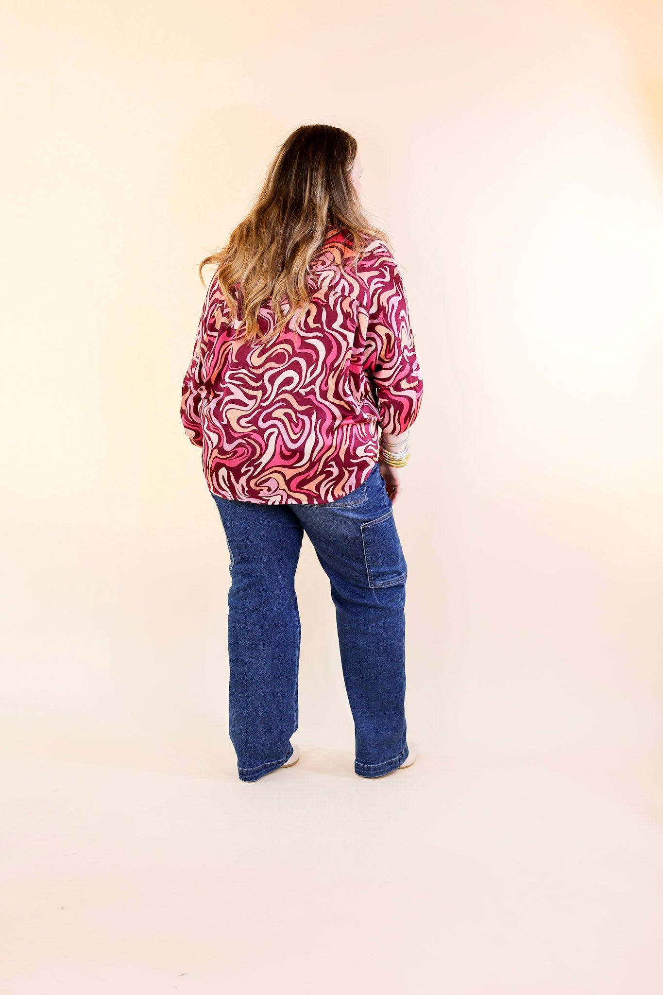 A Perfect Day Swirl Print Button Up Top in Magenta Purple